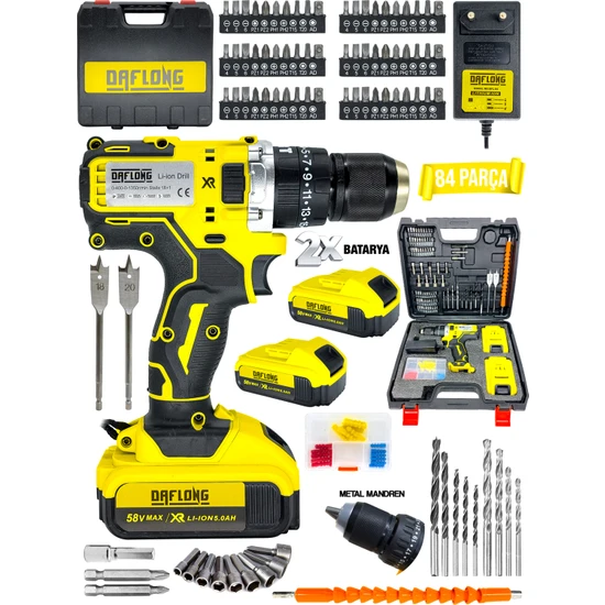 Daflong Darbeli Matkap 58 V 5 Ah Li-Ion Çift Metal Şanzuman Çift Akülü Şarjlı Matkap 84 Parça Set