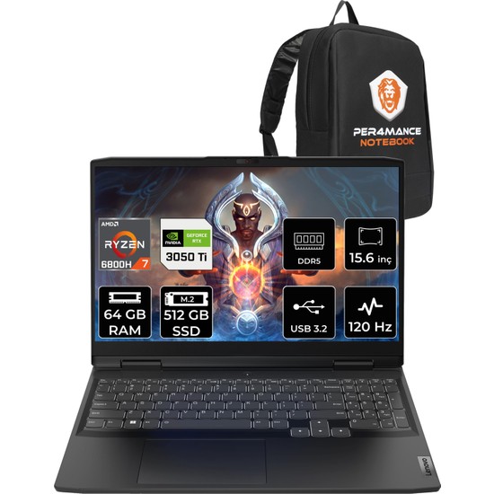 Lenovo Ideapad 3 Amd Ryzen 7 6800H 64GB 512GB SSD 3050TI/4GB 15.6" Fhd 120Hz Fdos Taşınabilir Bilgisayar 82SB00X6TX & Per4 Çanta 82SB00X6TXP332