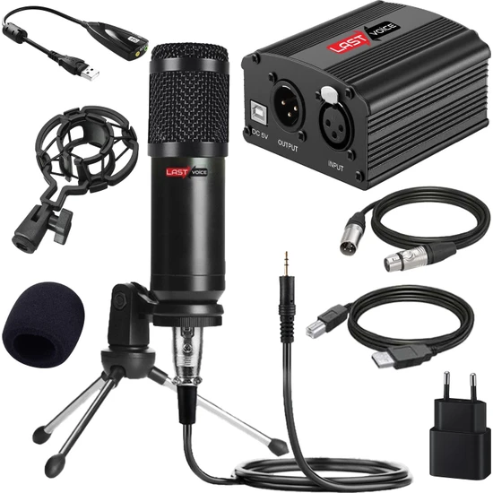 Lastvoice BM800 Full Black Mikrofon + Phantom Power + Mini Tripod + 7.1