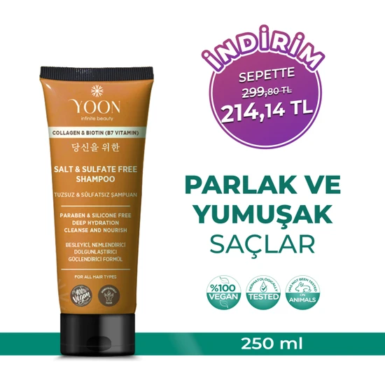 Yoon Sülfatsız ve Tuzsuz Şampuan, Kolajen Biotin B7 İçerikli Parabensiz, Nemlendirici Vegan Şampuan 250 ml