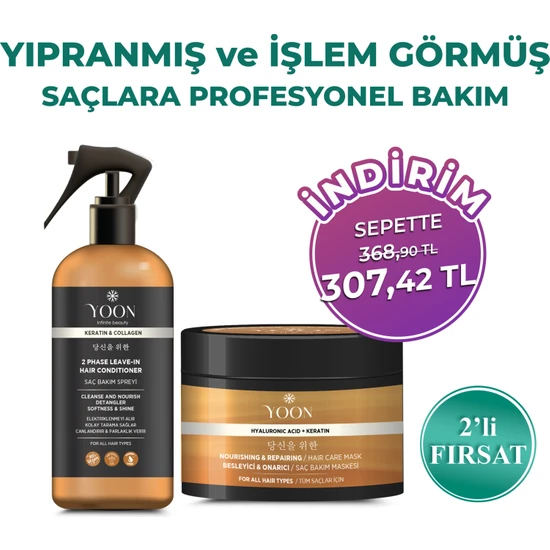 Yoon Vegan Saç Bakım Spreyi & Maskesi 250ML, Hyaluronik Asit, Keratin, Kolajen ve B7 Biotinli 2'li Set