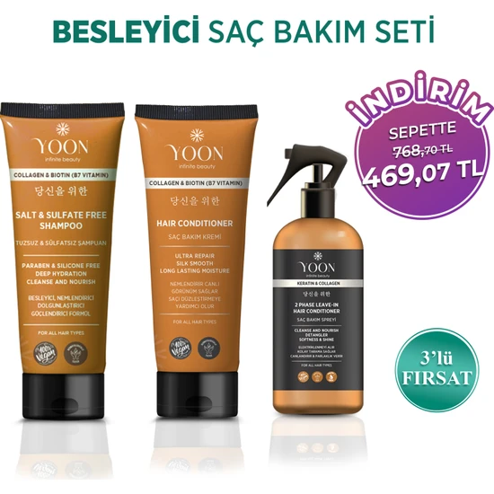 Yoon 3'lü Besleyici Saç Bakım Seti, Tuzsuz Şampuan 250ML, Saç Bakım Kremi 200ML, Saç Bakım Spreyi 250ML