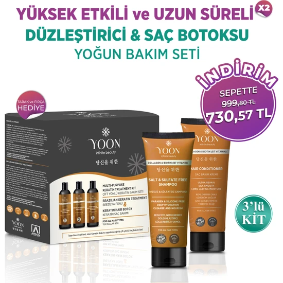 Yoon 3'lü Uzun Süren Düzleştirici & Saç Botoxu Kiti, Tuzsuz Şampuan 250ML, Saç Kremi 200ML Saç Bakım Seti