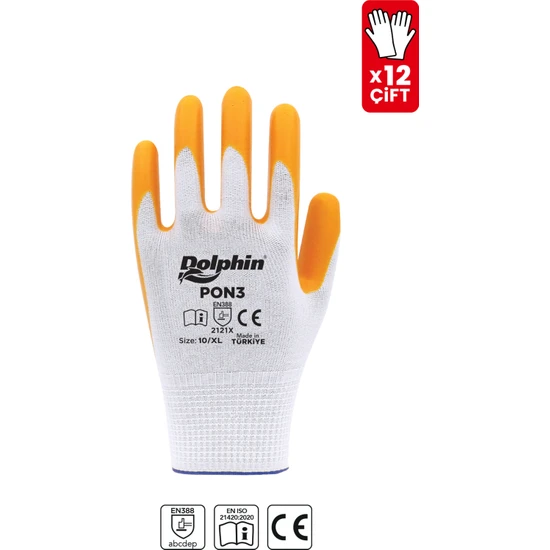 Dolphin Polyester Nitril Iş Eldiveni Beyaz/sarı Pon3 10-Xl 12 Çift