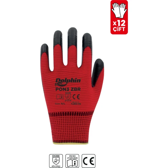 Dolphin Polyester Nitril Iş Eldiveni Kırmızı/siyah Pon3 Zbr 9-L 12 Çift