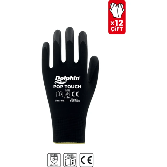 Dolphin Polyester Poliüretan Iş Eldiveni Siyah Pop Touch 9-L 12 Çift