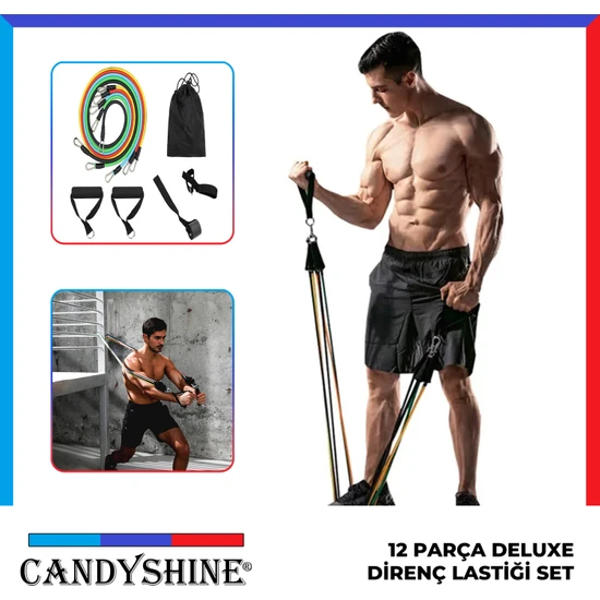 CandyShine 12 Parça Deluxe Profesyonel Direnç Lastiği Seti Latex Premium Kalite Fitness Kondisyon Direnç Lastik