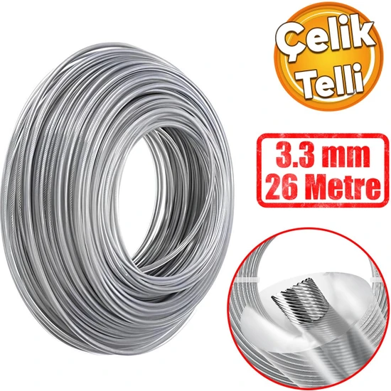 Badem10 Motorlu Tırpan Misinası 3.3 mm 26 Metre Çim Ot Biçme Teli Güçlü Çelik Telli Kopmaz Misina