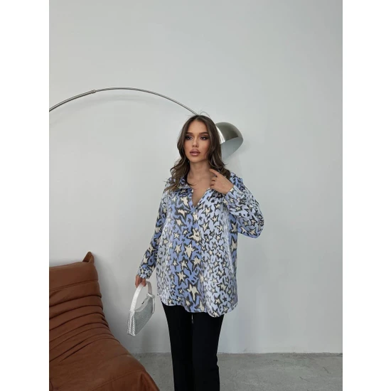 Ded Collection Kadın Saten Parıltılı Kumaş Yıldız Desenli Uzun Kollu Gömlek