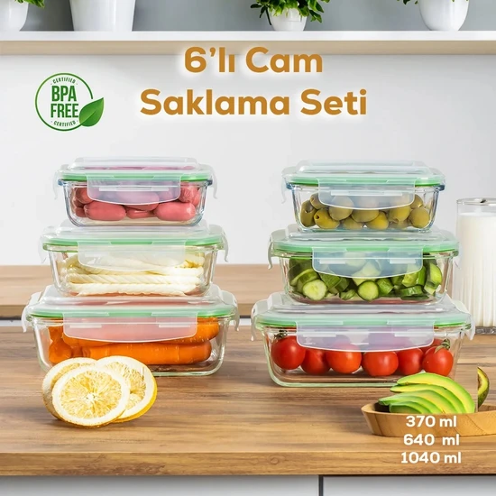 Porsima Sızdırmaz Kilitli Kapaklı 6'lı Cam Gıda Erzak Saklama Kabı Seti Yeşil