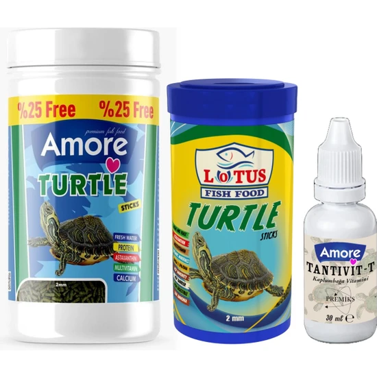 Amore Turtle Green Sticks 125 ml + Lotus 100 ml Su Kaplumbağası Yemi ve Vitamin Seti