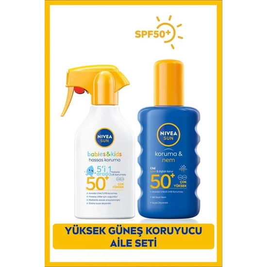 NIVEA SUN Çocuklar için Hassas Güneş Sprey SPF50 270ml ve Yüksek Güneş Koruyucu Vücut Spreyi SPF50 200ml