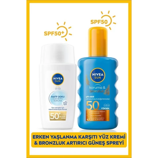 NIVEA SUN Hafif Dokulu Güneş Yüz Kremi SPF50 40ml ve Koruyucu Bronzlaştırıcı Güneş Spreyi SPF50 200ml