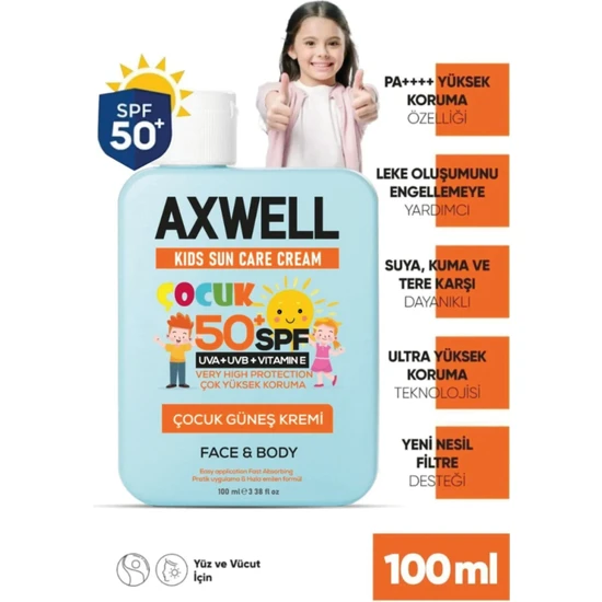 Axwell Kids Sun Cream Çocuk Güneş Kremi Çok Yüksek Koruma + Vitamin E SPF 50+ 100ml