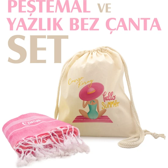 Giftcrea Kişiye Özel Pamuk Peştamal ve Yaza Özel Çanta Seti , Özelleştirilebilir Yazlık Çanta Seti Isme Özel