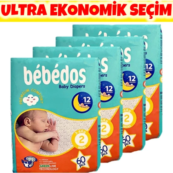 Bebedos Premium 4'lü Mini(2) Bebek Bezi 240'LI Set