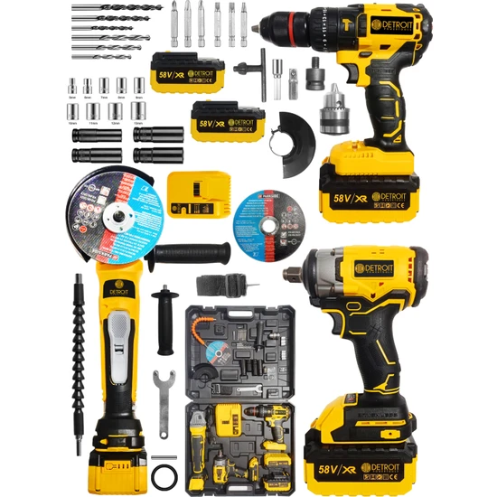 Detroit Usa Powertools Profesyonel 3'lü Set Şarjlı Taşlama Somun Şarjlı Matkap