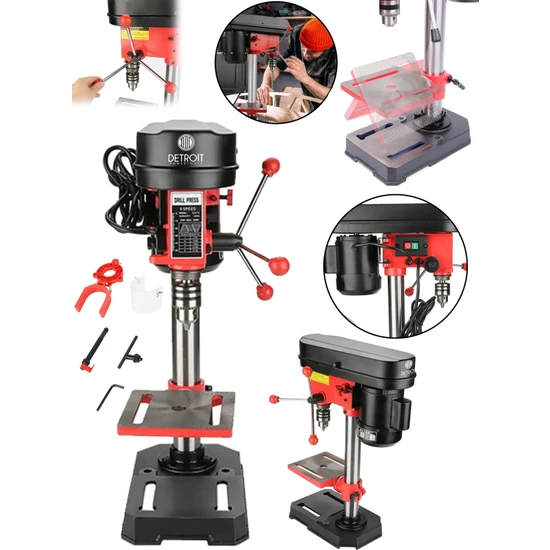 Detroit Usa Tasarım Sütunlu Matkap Tezgahı 16 mm Mengene 750W + Mengene
