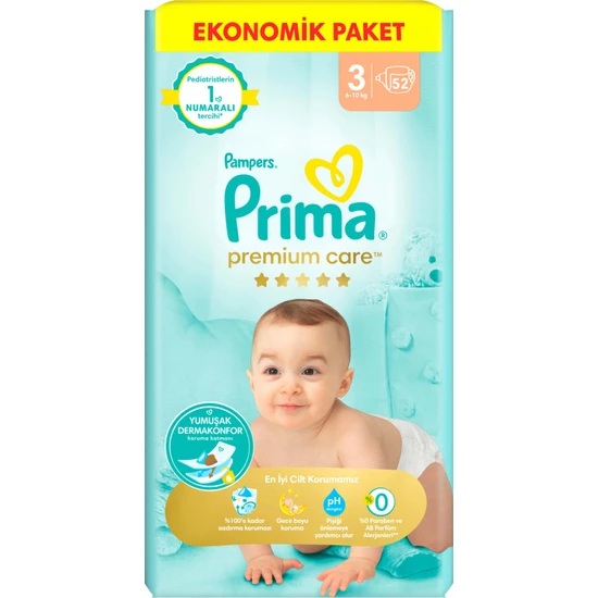 Prima Premium Care Bebek Bezi 3 Beden Midi 6-10 Kg 52li Ekonomik Paket