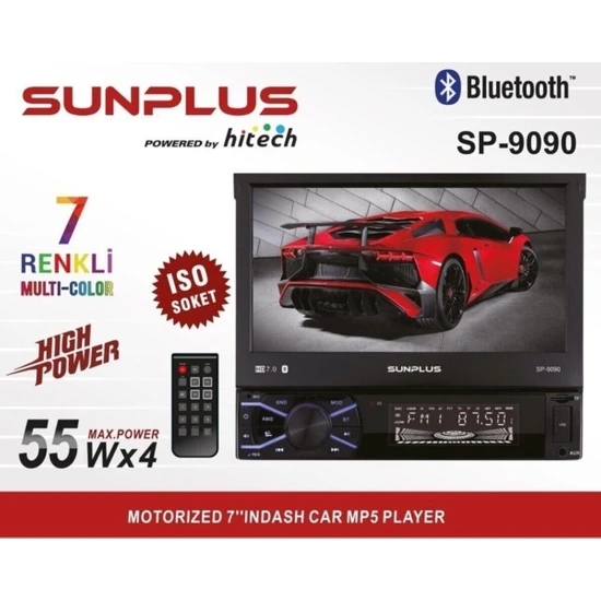 Sunplus 4X55 Watt Sun Plus 9090 Oto Teyp Indash 7 4X55W Bt USB Sd Aux Mirror Link 7 Renkli 2 Yıl Aux Giriş