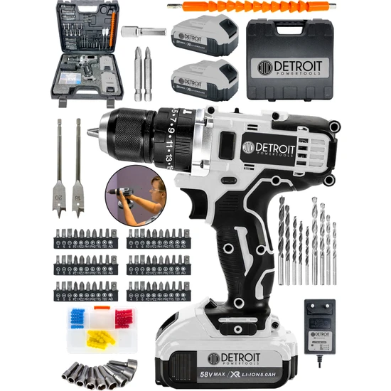 Detroit Usa Darbeli Matkap 58 V 5 Ah Li-Ion Çift Metal Şanzuman Çift Akülü Şarjlı Matkap 84 Parça Set Daflong Series