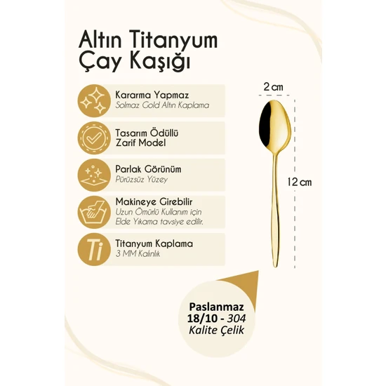 Ülgenev 6 Adet Gold Titanyum Paslanmaz 18/10 Çelik Çay Kaşığı