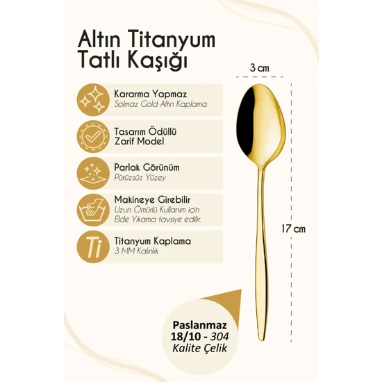 Ülgenev 6 Adet Gold Titanyum Paslanmaz 18/10 Çelik Tatlı Kaşığı