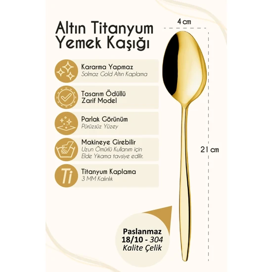 Ülgenev 6 Adet Gold Titanyum Paslanmaz 18/10 Çelik Yemek Kaşığı