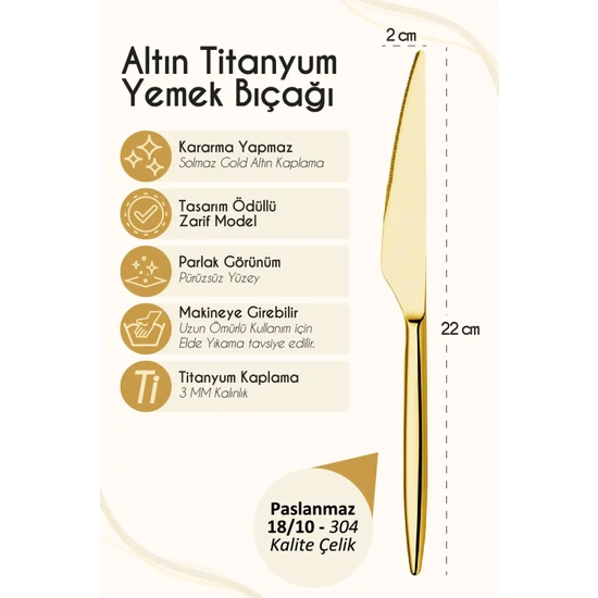 Ülgenev 6 Adet Gold Titanyum Paslanmaz 18/10 Çelik Yemek Bıçağı