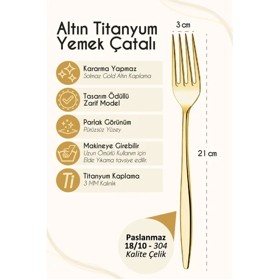 Ülgenev 6 Adet Gold Titanyum Paslanmaz 18/10 Çelik Yemek Çatalı