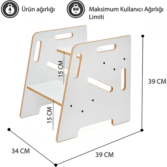 Minera Çocuk  Yetişkin Montessori Ahşap Basamak Yükseltici Tabure