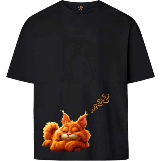 Book OrBook Zzzcat Oversize Çift Iplik Dokumalı %100 Pamuk Premium T-Shirt