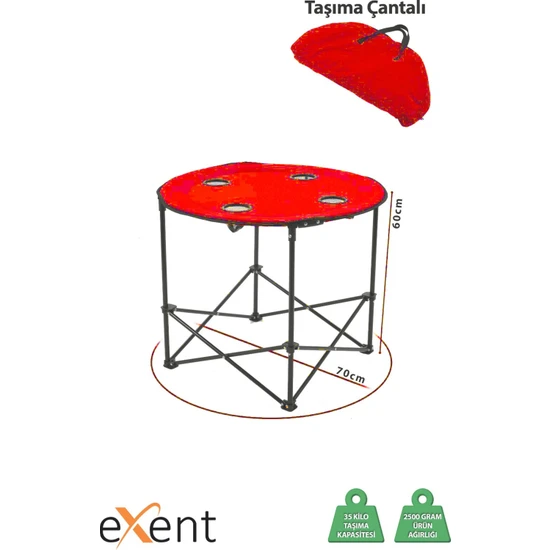 Exent 70 x 60 cm Yuvarlak Katlanır Taşıma Çantalı Kamp Masası, Piknik Masası-Kırmızı