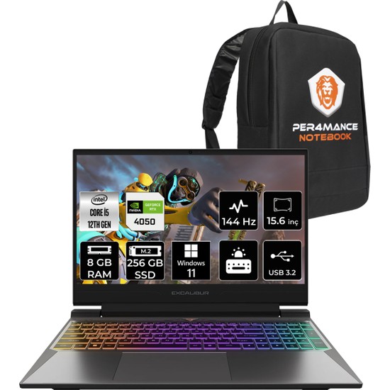 Casper Excalibur Intel Core I5 12450H 8gb 256GB SSD RTX4050/6GB 15.6" Fhd 144Hz W11H Taşınabilir Bilgisayar G870.1245-BFA0X-B & Per4 Çanta G8701245BFA0XBP351