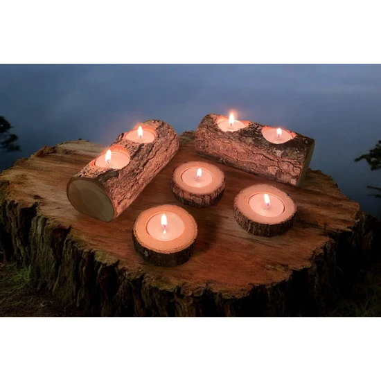 Evlopi Odun 2'Li Tealight Mumluk Ve 3 Adet Odun Küçük Tealight Mumluk