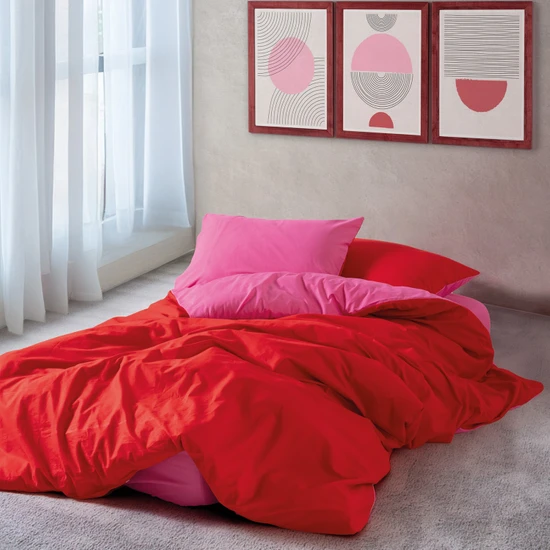 Cozy Home Popping Colors Tek Kişilik Lastikli Çarşaflı Nevresim Takımı Sage Kırmızı-Fuşya