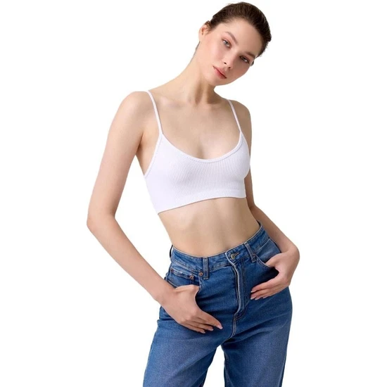 Cottonhill Premium - Kadın Beyaz Seamless Ip Askılı Crop Top Büstiyer