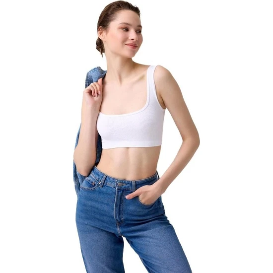 Cottonhill Premium - Kadın Beyaz Seamless Kare Yaka Crop Top Büstiyer