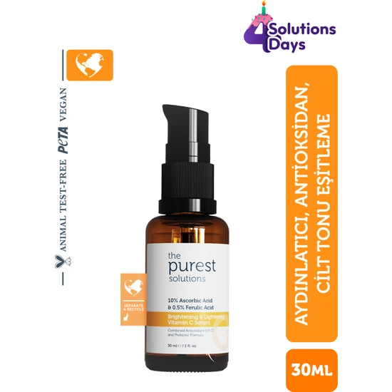 The Purest Solutions, C Vitamini Aydınlatıcı ve Ton Eşitleyici Cilt Bakım Serumu 30 ml (%10 Ascorbic Acid & Ferulic Acid %0,5)