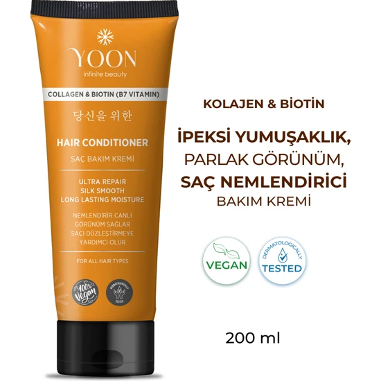 Yoon Biotin B7 ve Kolajen İçeren Vegan Saç Kremi, Nemlendiren, Besleyici ve Onarıcı Saç Bakım Kremi 200 ml