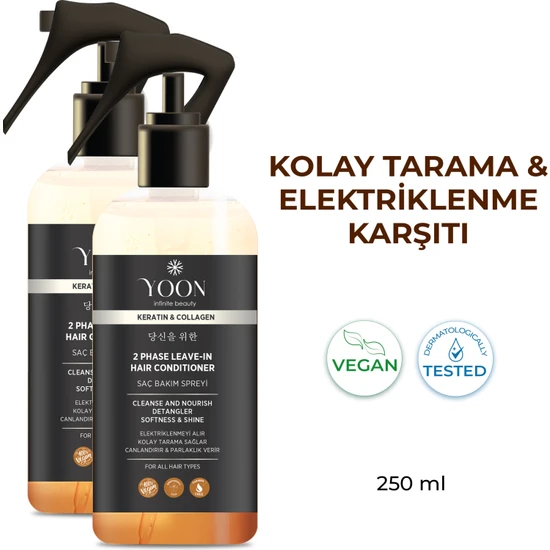 Yoon 2'li Kolay Tarama Elektriklenme Karşıtı Kolajen ve Kerantinli Vegan Saç Bakım Spreyi 2 Adet x 250ML