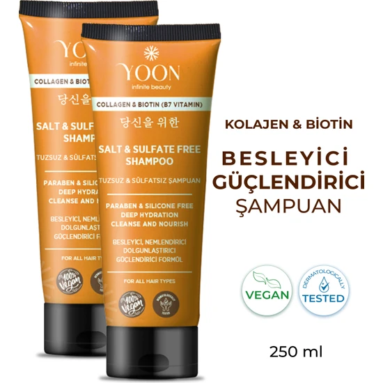 Yoon 2'li Sülfatsız ve Tuzsuz Şampuan, Kolajen Biotin B7 Içerikli Parabensiz Vegan Şampuan 2 Adet x 250ML