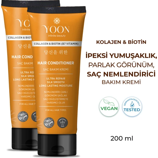 Yoon 2'li Biotin B7 ve Kolajen Içeren Vegan Saç Kremi Besleyici ve Onarıcı Saç Bakım Kremi 2 Adet x 200ML