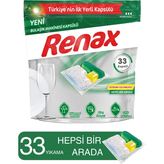 Renax Bulaşık Makinesi Kapsülü Hepsi Bir Arada 33 Lü