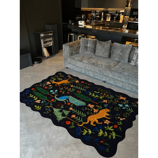 Rugs Modern Shape Koleksiyonu Siyah Tema Çok Renkli Kaplan Ve Çiçekler ...