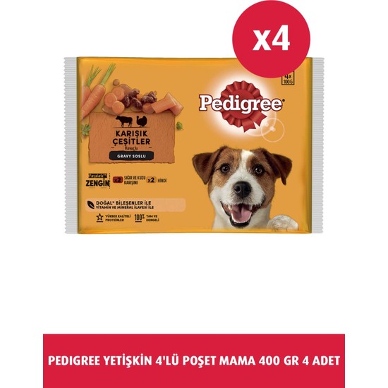 Pedigree Etli Seçenekleri 4'lü Poşet Paket Yaş Mam 400 G 4x Gravy Soslu Yetişkin Köpekler İçin