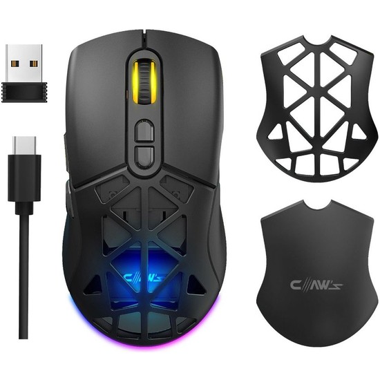 Claw's Nexus Air V1 Kablosuz 10000 Dpi Pixart PMW3325 Sensör Makro Yazılımlı & Değiştirilebilir Kapaklı RGB Kablosuz Gaming Mouse - Siyah (2.4 GHz Kablosuz + BT5.1 + Type-C ile Kullanım Desteği)