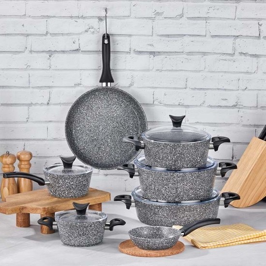 Taç Mastercook 12 Parça Granit Tencere Seti Gri Ergonomik Saplı Kolay Temizlik Sağlayan Malzeme