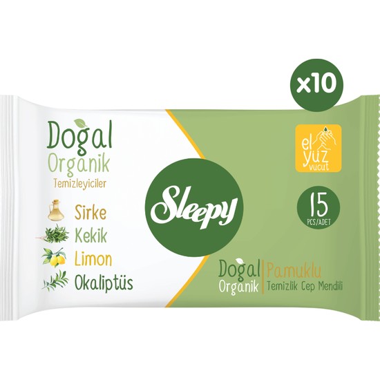 Sleepy Doğal Organik Pamuklu Cep Mendilli 150 Yaprak Limon Kokusuyla 10 x 15'li Günlük Kullanım