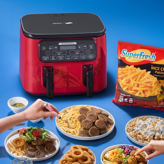 Karaca Air Pro Cook Duo Kırmızı 4+4 Litre 8 Kişilik Yağsız Fritöz Çift Hazne ile Kolay Temizlik